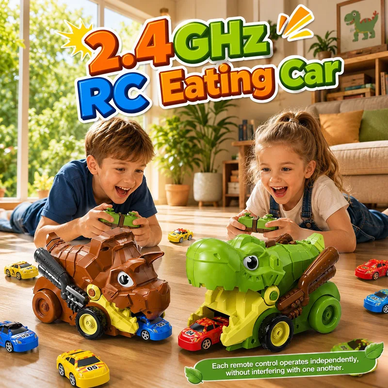 Coche de Control Remoto de Dinosaurio, Juguete de Batalla Interactivo Eléctrico con Función Magnética, Música Dinámica, Modos de Doble Velocidad, Come Mini Coches