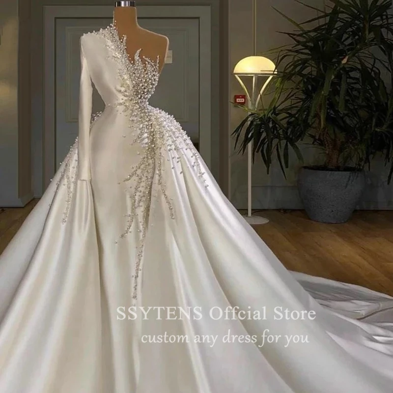 Luxury Wedding Dresses 2025 Women Custom Occasion Bridal Gowns Custom Long Sleeve Beaded One Shoulder Dubai Arabic Bride Dress