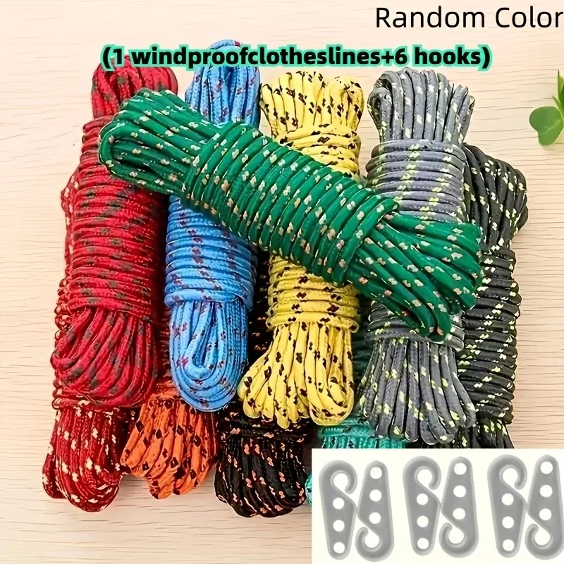 7‑Piece Kit 10M Nylon Rope with 6 Hooks,Random Color Indoor Outdoor Clothesline,Camping Gear for Securing & Towing Supplies