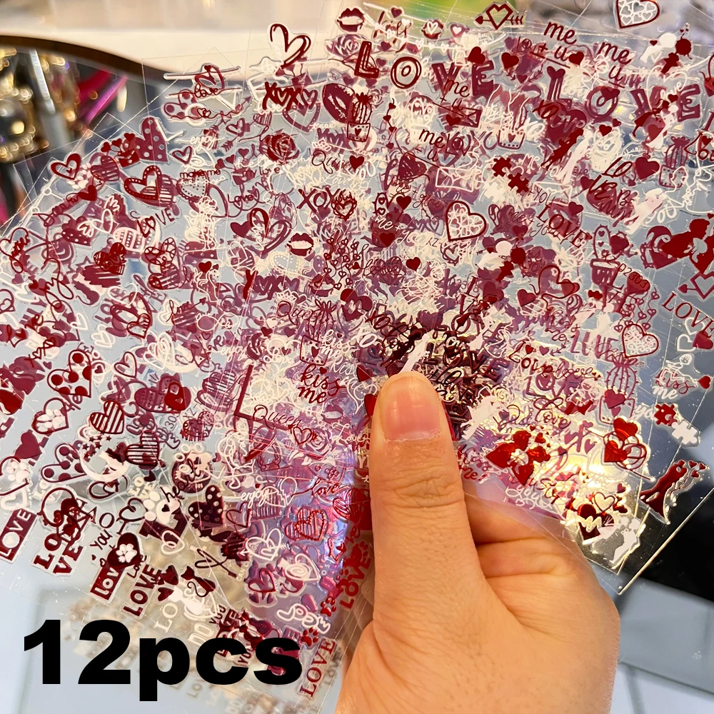 12 ピース/セットレーザースライバーバレンタインデーネイルステッカー 3D ハート/弓/唇/キス/愛ネイルデカール女性のためのマニキュア装飾スライダー