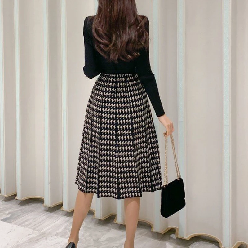 Women Korean Fashion Houndstooth Bow Lace Up Elegant Chic Knitted Dresses Autumn Winter Half High Collar Slim Long Sleeve Dress