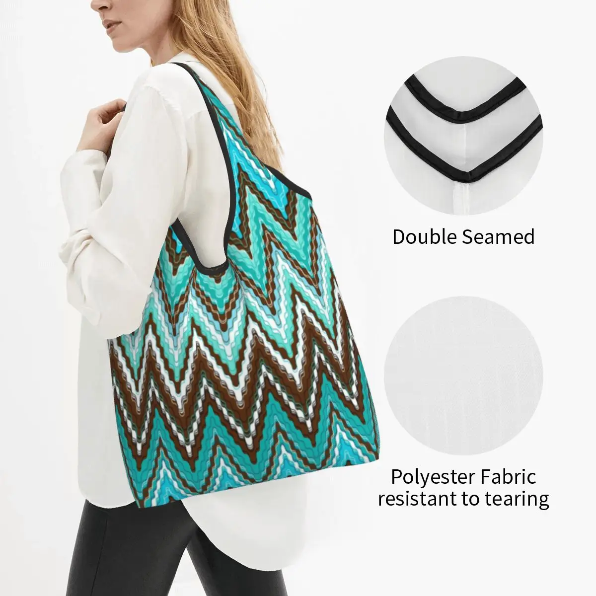 Modern Geometric Blue-ish Zig Zag Shopping Bags Women Portable Big Capacity Groceries Abstract Zigzag Boho Shopper Tote Bags