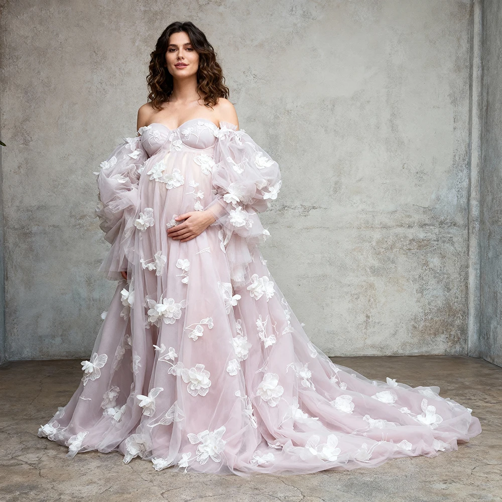 

3D Floral Appliques Pregnant women Maternity Gown Photography Dress for Baby Shower Front Split
