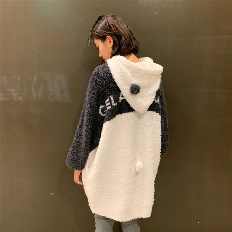 

Милая утепленная пижама с длинными рукавами и ушками медведя, мягкая плюшевая ночная рубашка свободного кроя средней длины с мультяшным принтом, зимняя домашняя одежда