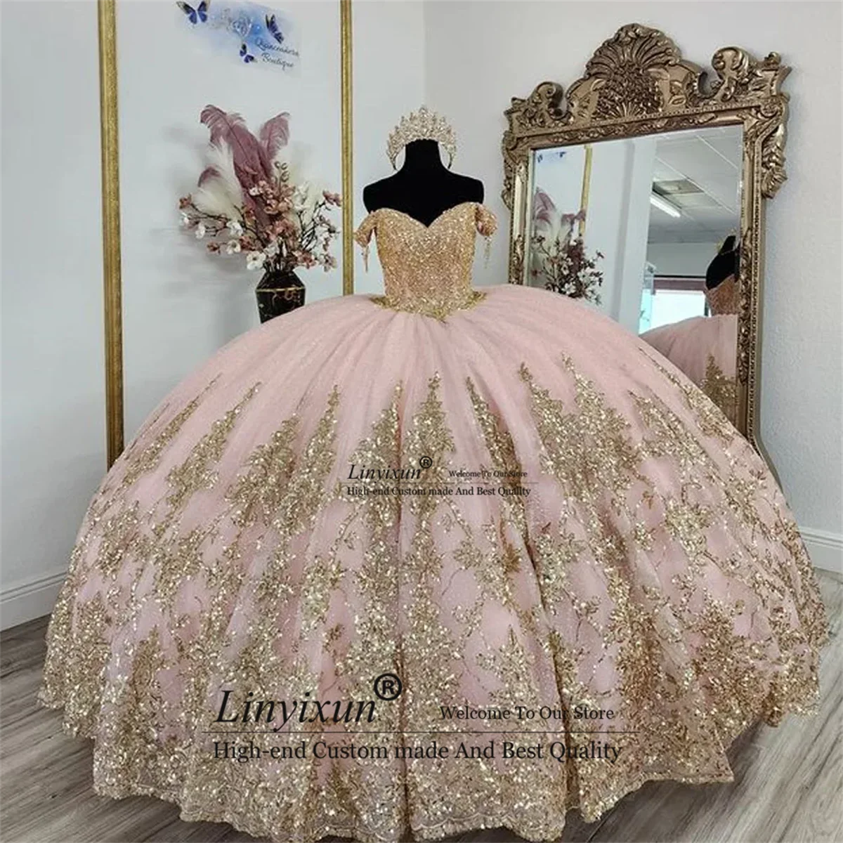 Süßes Luxus Ballkleid rosa Quince anera Kleid Tüll Gold Pailletten Perlen Kristall süß 15 16 Jahre Geburtstags feier formell