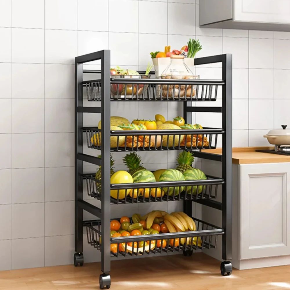 Kitchen Multi-Layer Storage Basket Floor Movable Pot Rack Room Trolley Rack Microwave Shelf Cart Kitchen Trolley Storage Basket