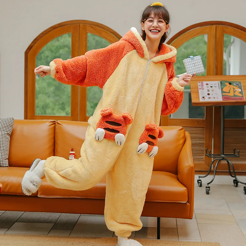 Women Winter Hoodies Thicken Sleepwear Cartoon Homewear Yellow Onesies Loungewear Nightgown Lingerie Conjoined Pajamas Warm