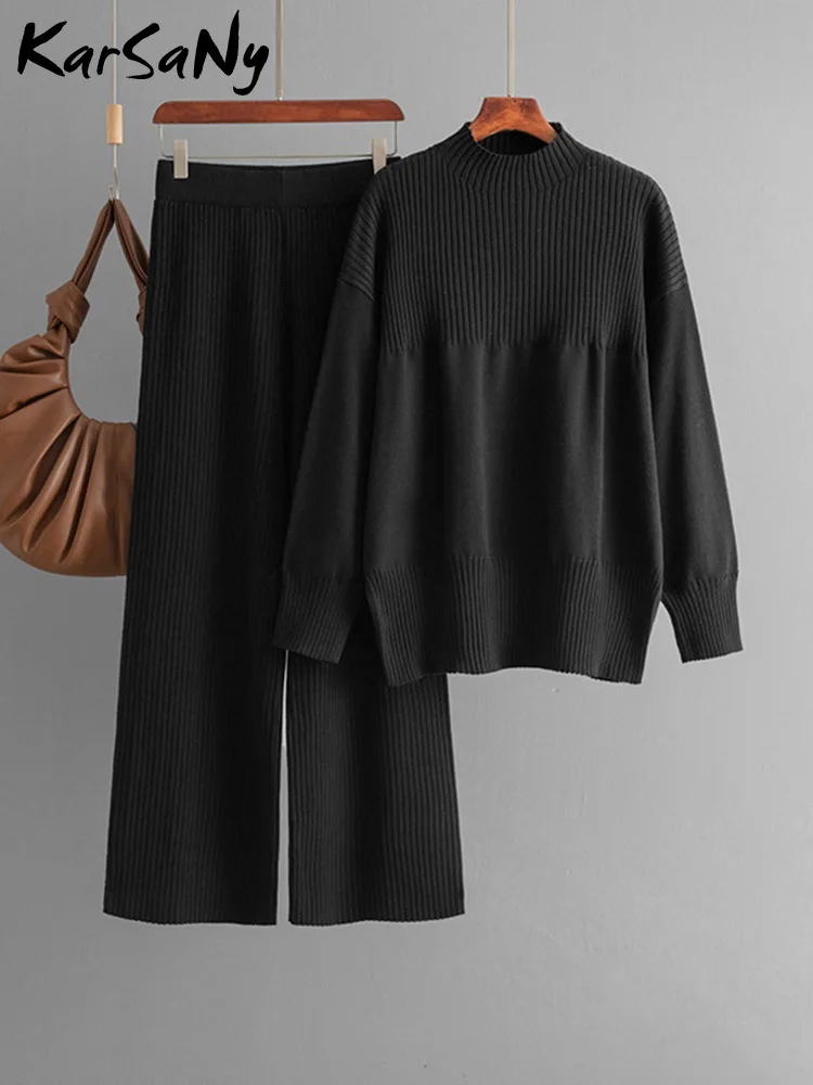 Autmun Women\'s Knitted Waist Wide Leg Pants 2 Pieces Set Oversized Solid Long Sleeve Stand Collar Sweater For Women Office Lady