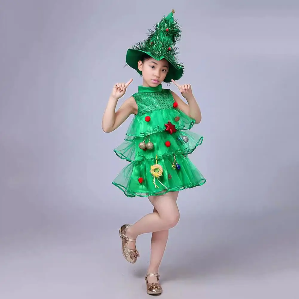 2026 Children Christmas Dress Multi Pendant Decor Scattered Cake Hem Sleeveless Stand Collar A-line Cosplay Stage Show Performan
