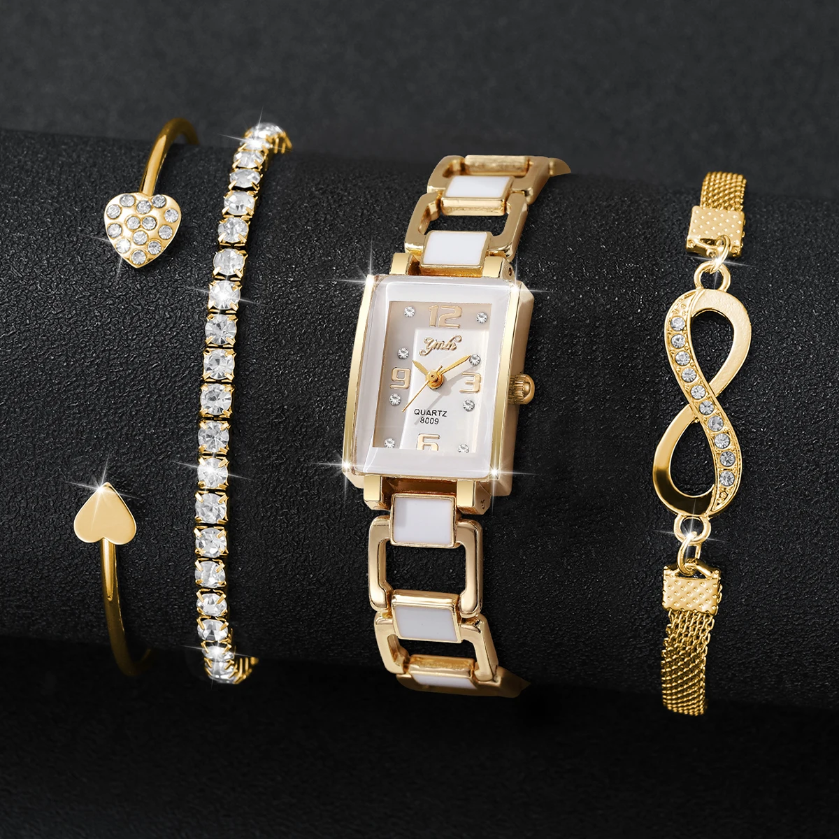 

4 шт. элегантных квадратных женских кварцевых часов с браслетами из страз, модные наручные часы для женщин, Reloj Mujer (без коробки)