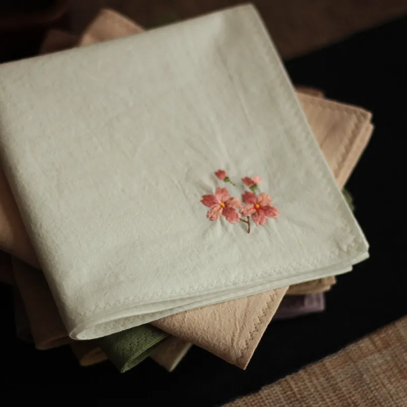 Chinese Style Cherry Blossom Embroidery 100% Pure Cotton Handkerchief Women Portable Sweat Absorbent Hanfu Matching Soft Small