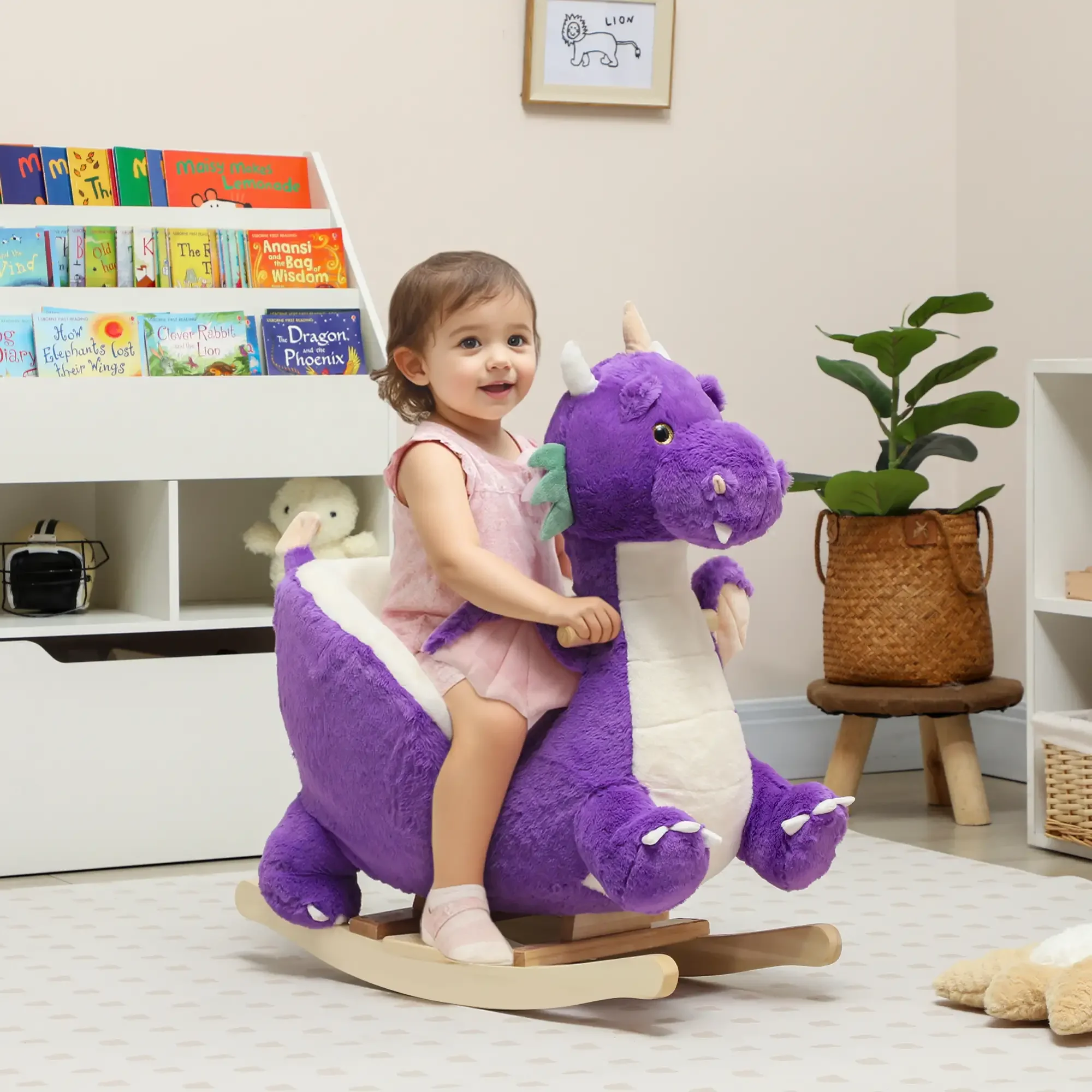 

Purple Dragon Rocking Horse for Kids - Plush Fabric, Roaring Sounds, 3-Point Safety Belt, Solid Wood Base Develop Core Strength