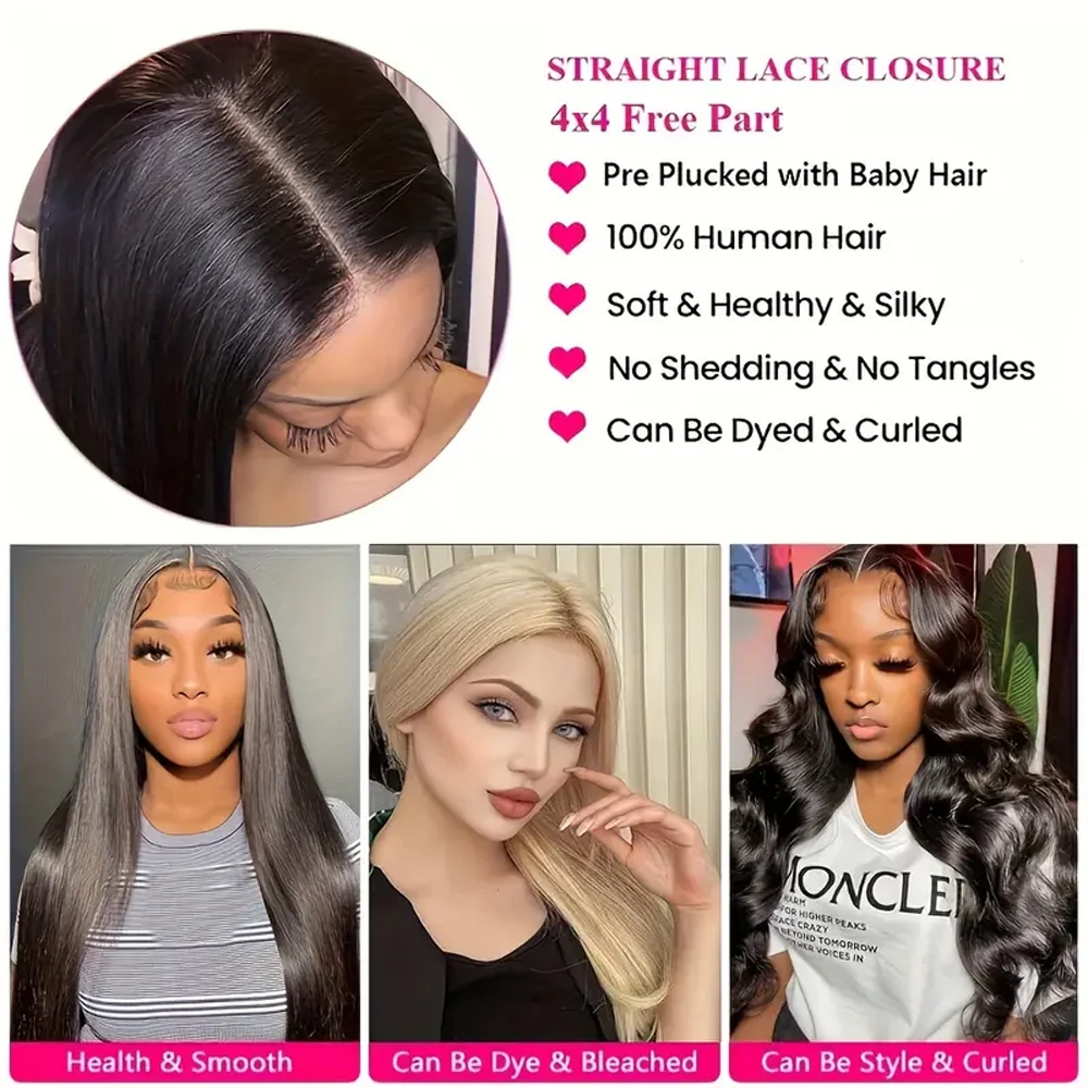 Straight Lace Closure 4x4 13x4 Transparent Swiss Lace Closure Frontal Pure-Hand Tied Human Hair Lace Closure 10-22 inches