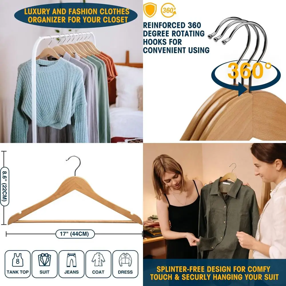 

60 Pack Natural Wooden Hangers with Pants Bar - Heavy Duty Slim Coat & Shirt Hangers for Suits, Jackets, and Pants