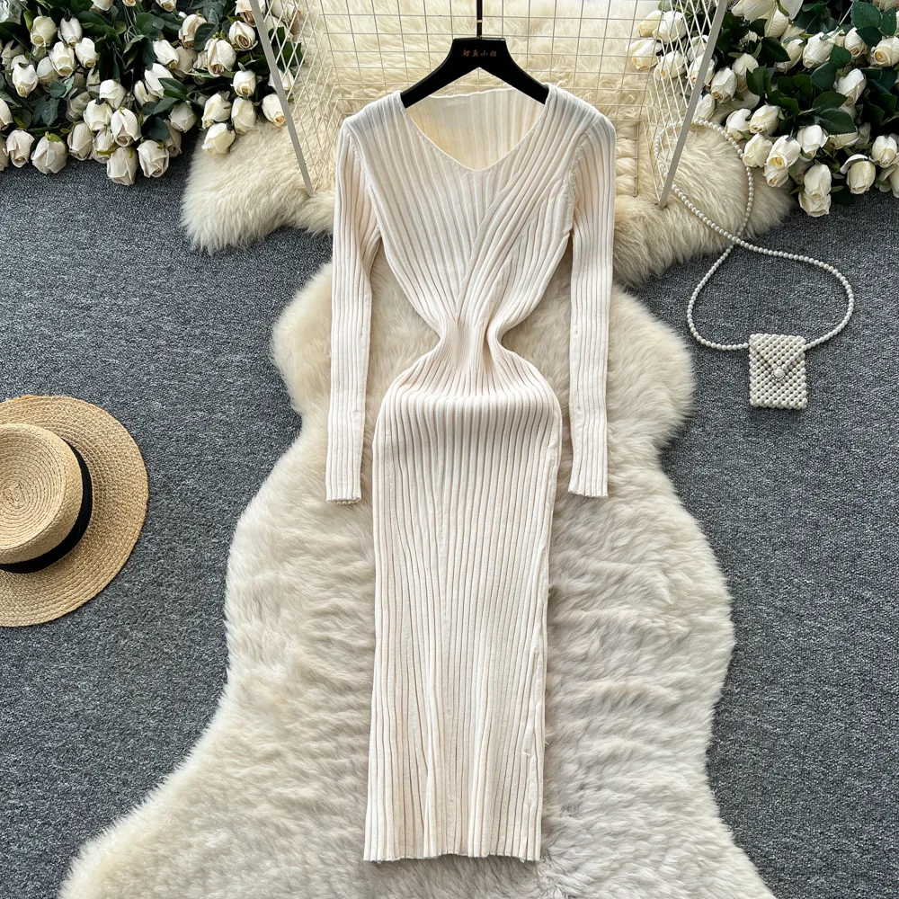 

Women Knitted Fitted Dresses H Line Solid Dress Ankle Lenth V Neck Long Sleeve Skinny Slim Casual Elegant 2025 Spring Autumn