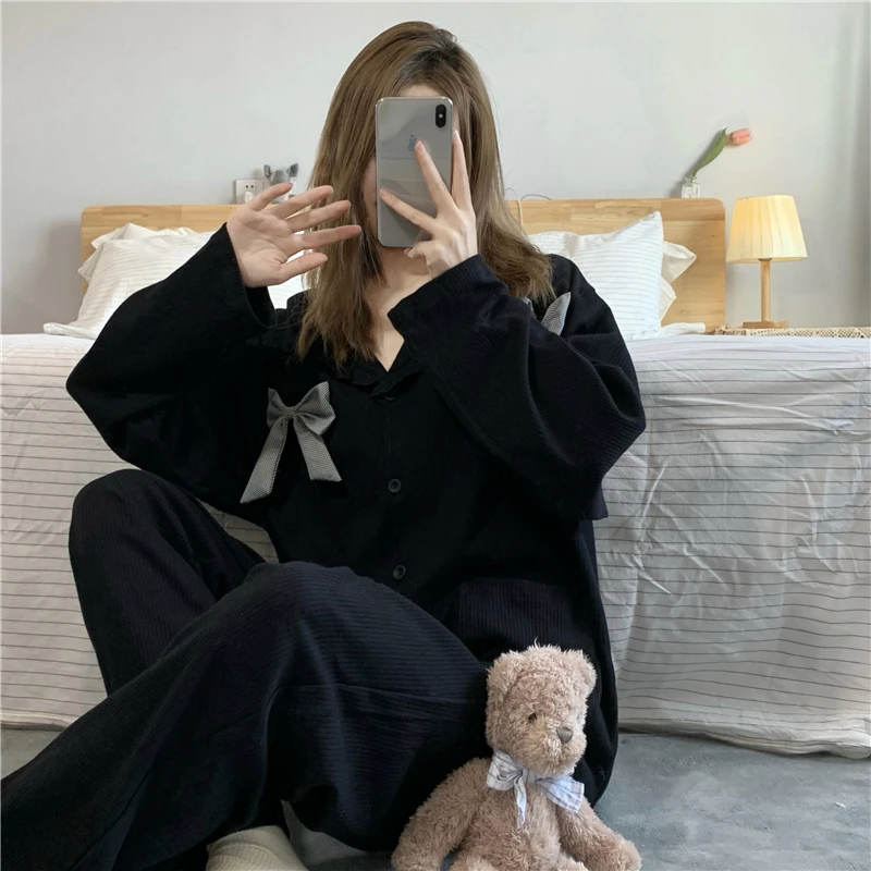 

Gray Bow Autumn Pajamas Set Women Single Breasted Shirts + Trousers Cotton Black Two Piece Home Suit Kawaii Sleepwear