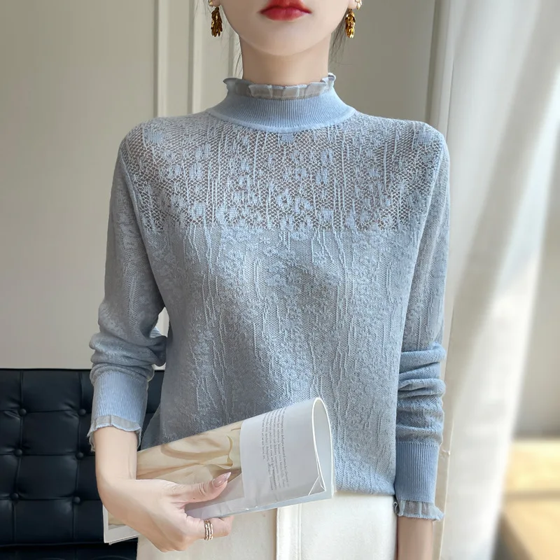 

Lace bottoming shirt women's Autumn Winter Pullover Sweaters Fashion Slim Long Sleeve Knitted Jumpers Soft Warm Pull Femme Top