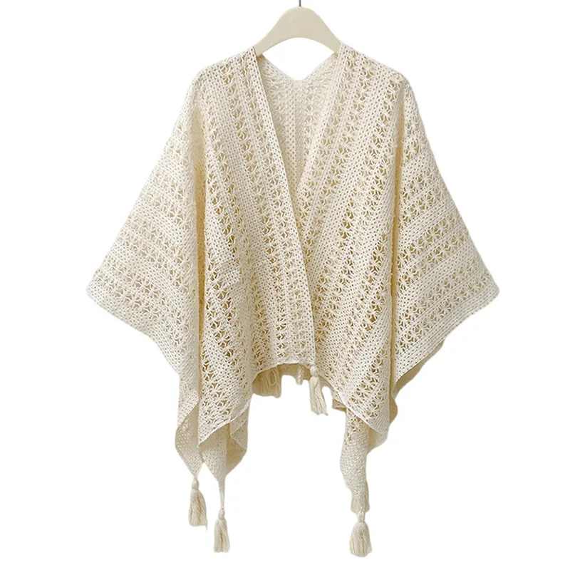 

Women Vintage Crochet Knitted Cape Long Hollow Shawls Shrug Poncho Tassel V-Neck Cardigan Scarf Shawls Ethnic Style Wrap Scarf