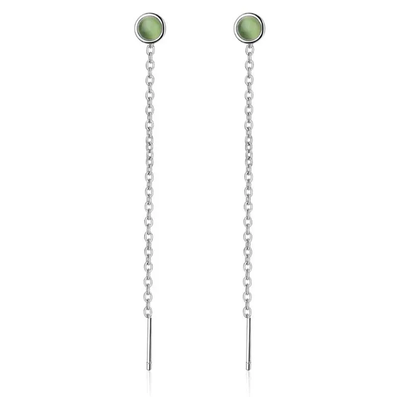 

New Temperament Long Ear Line 925 Sterling Silver Jewelry Green Round Crystal Women Simple Dangle Earrings XZE250