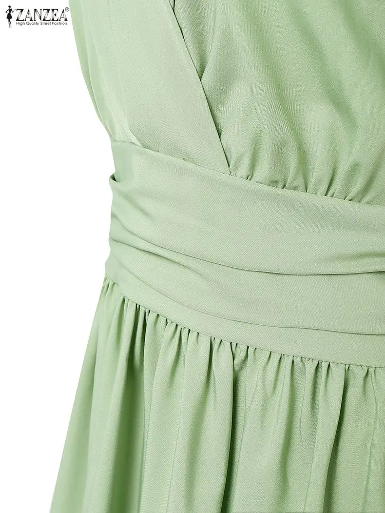 ZANZEA 2025 Women's Elegant A-Line Party Dresses Fashion Wedding Guest V-Neck Short Sleeve High Waisted Tucked Maxi Dress