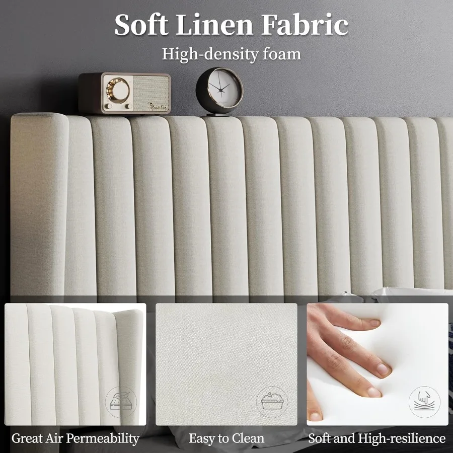 إطار سرير كوين سرير بمنصة منجدة مع لوح أمامي من القماش تصميم حافة جناح شرائح خشبية غير قابلة للانزلاق وخالية من الضوضاء تدعم رقم B