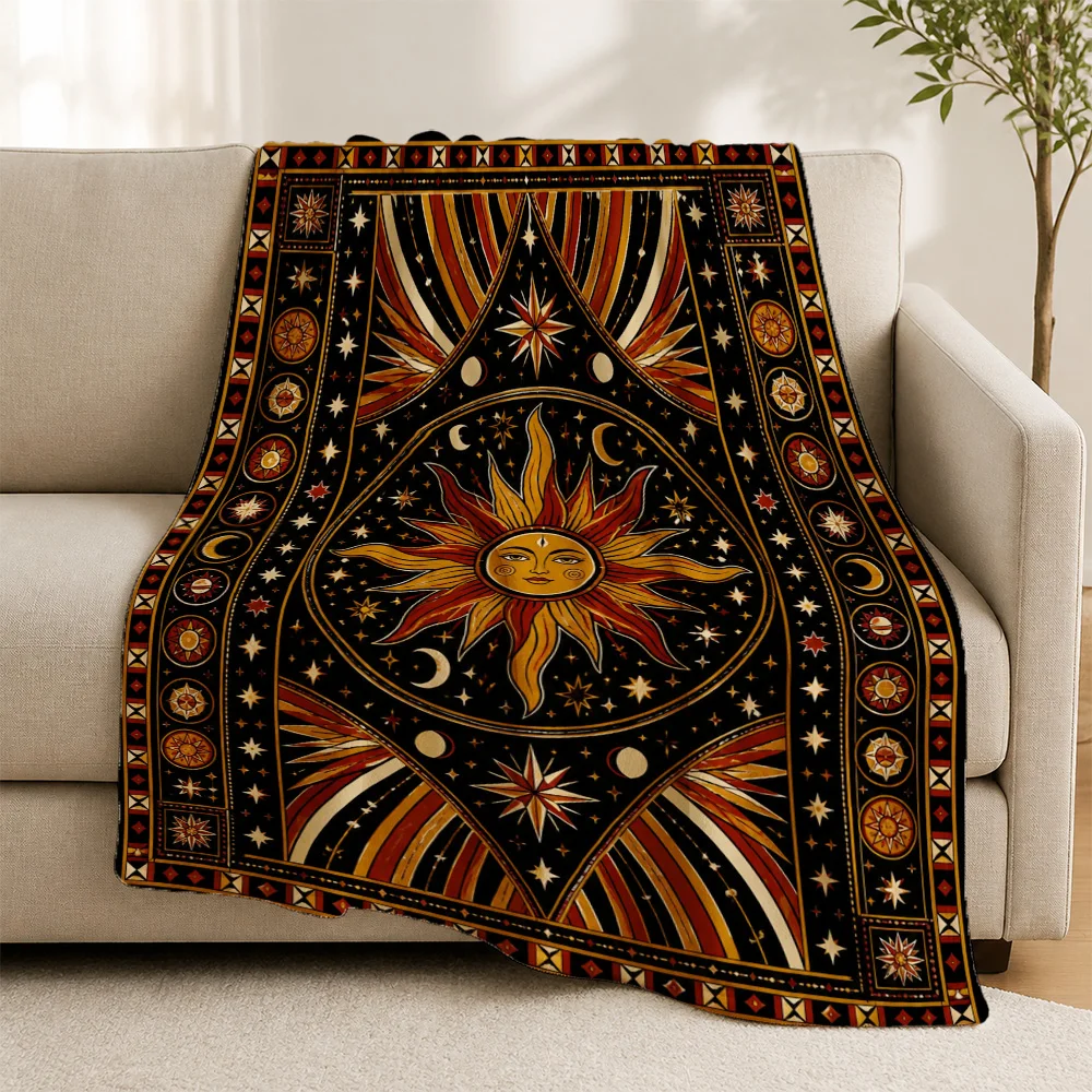 Cosmic Astrology Boho Throw Blanket Sofa Couch Decor Celestial Zodiac Sun Print Plush Winter Fleece Throw for Living Room