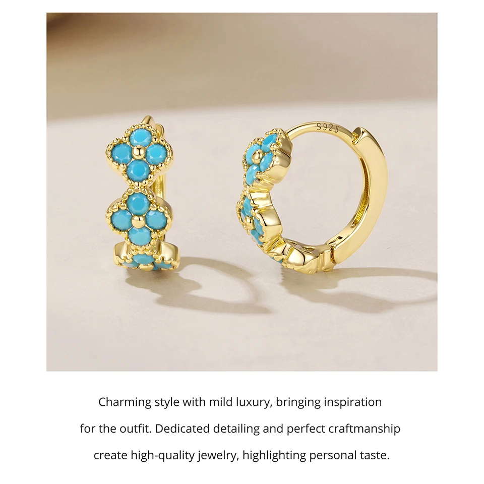WOSTU Kleeblatt-Türkis-Huggie-Ohrringe für Damen, 18 Karat vergoldete vierblättrige Kleeblatt-Hochzeits-Ohrringe, S925-Nadel, hypoallergen – Detail 11