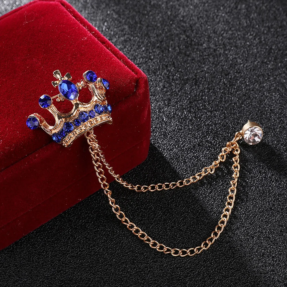 Korean British Style Crown Brooch Suit Tassel Chain Lapel Pin Zircon Badge Female Corsage Men Accessories for Wedding Prom