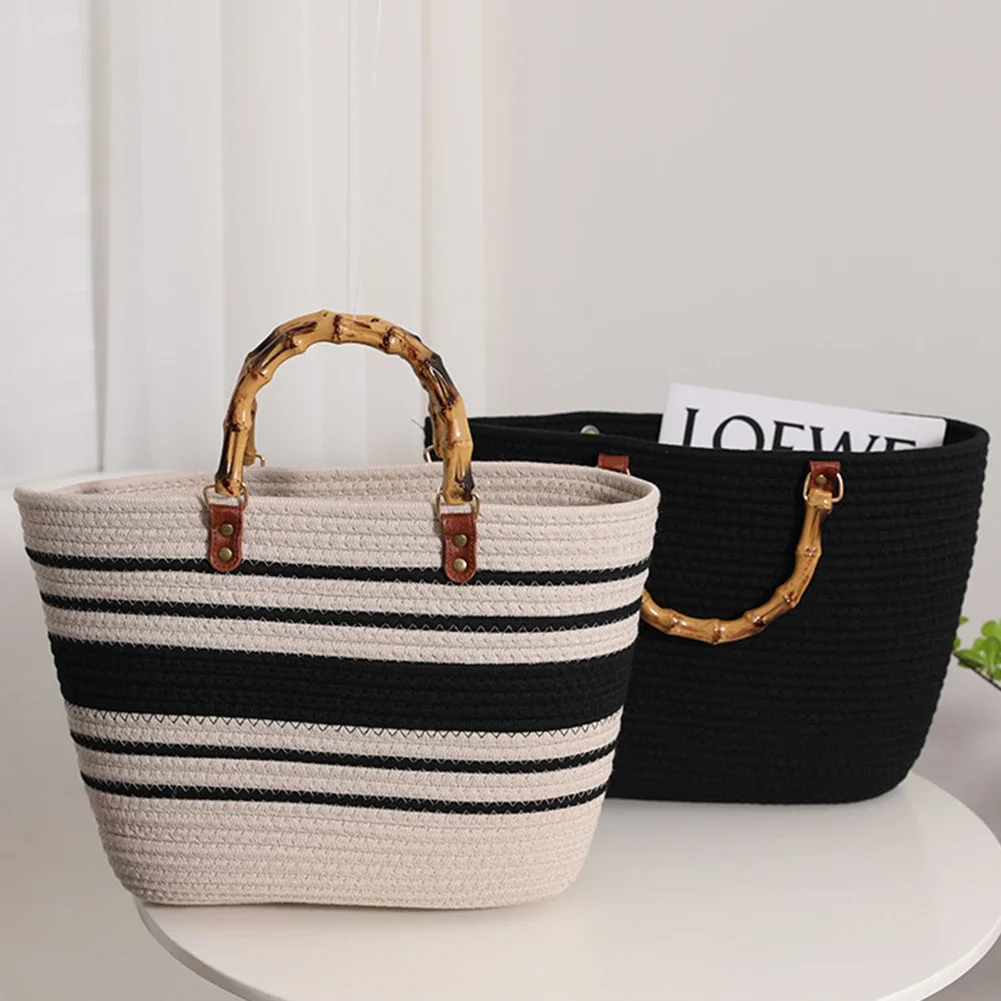 Women\'s Woven Tote Bamboo Handle Shopping Tote Bag Large Capacity Striped Handbag Casual Fashion Exquisite Clutch Beach Bag 2023