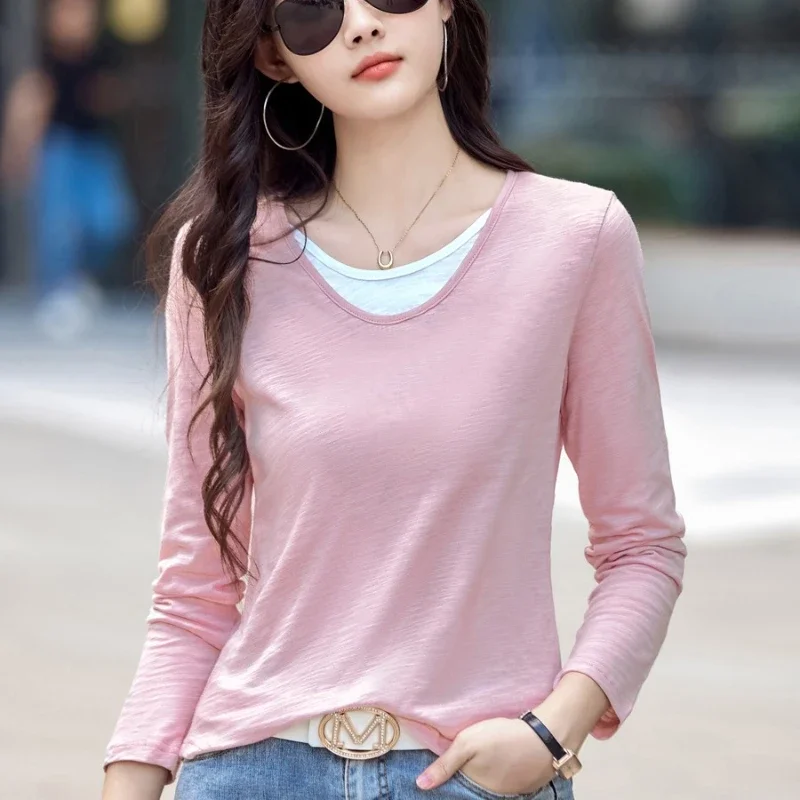 Faux Two‑Piece Long Sleeve Tee 2026 Autumn Winter Pure Cotton V‑Neck Women T‑Shirt Fashion Figure‑Flattering Casual Tops ﻿ ﻿