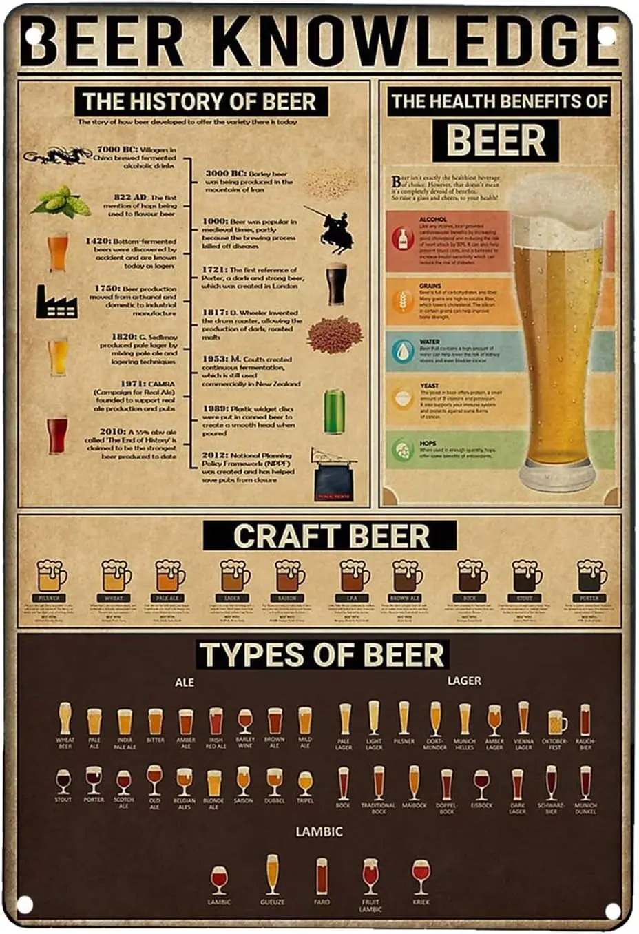 Affiche d'art éducatif sur la bière, enseigne rétro en métal pour bar, café, club, 8x12 pouces