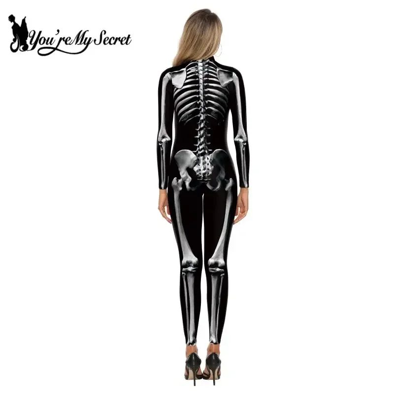 [You're My Secret] Halloween Skeleton Costume Bodysuit 3D Stretch Skinny Jumpsuit Womens Rompers Party Zentai Outfit Catsuit