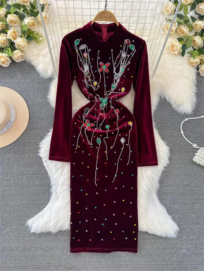 Autumn Winter Fashion Dress Celebrity Style Long Sleeve Stand Neck Slim Mid Length Beading Wrapped Hip Gold Velvet Dress z4234