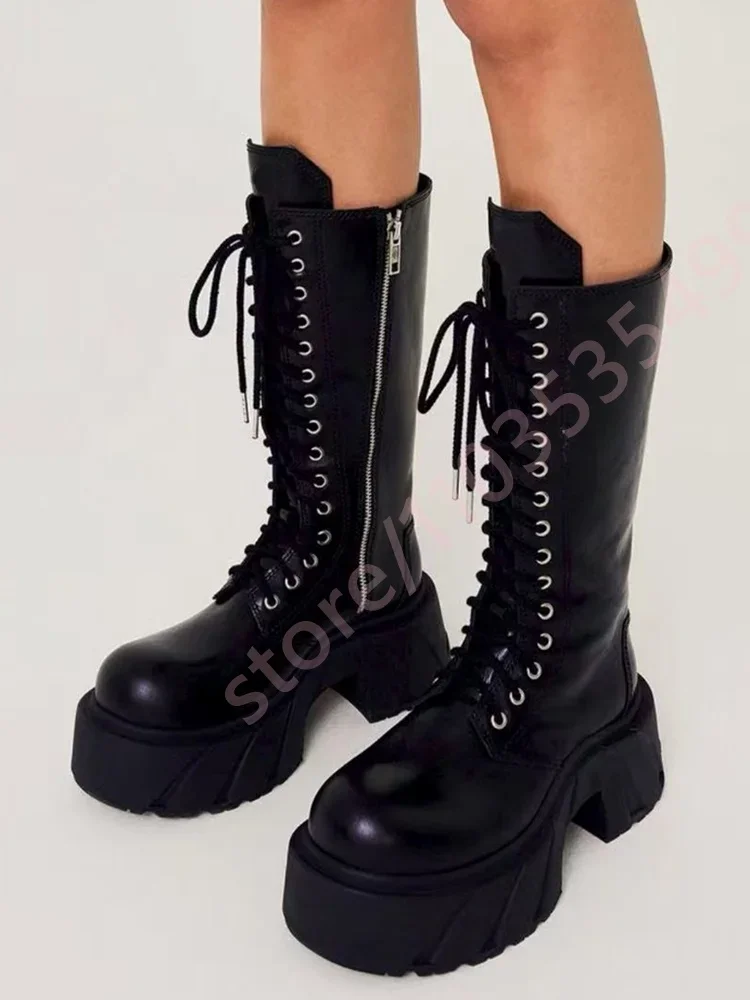 2025 Thick Sole Retro British-Style Lace-Up Boots Autumn Women's Round Sports Casual Knight Boots Zipper Chunky Heel Ankle Boot