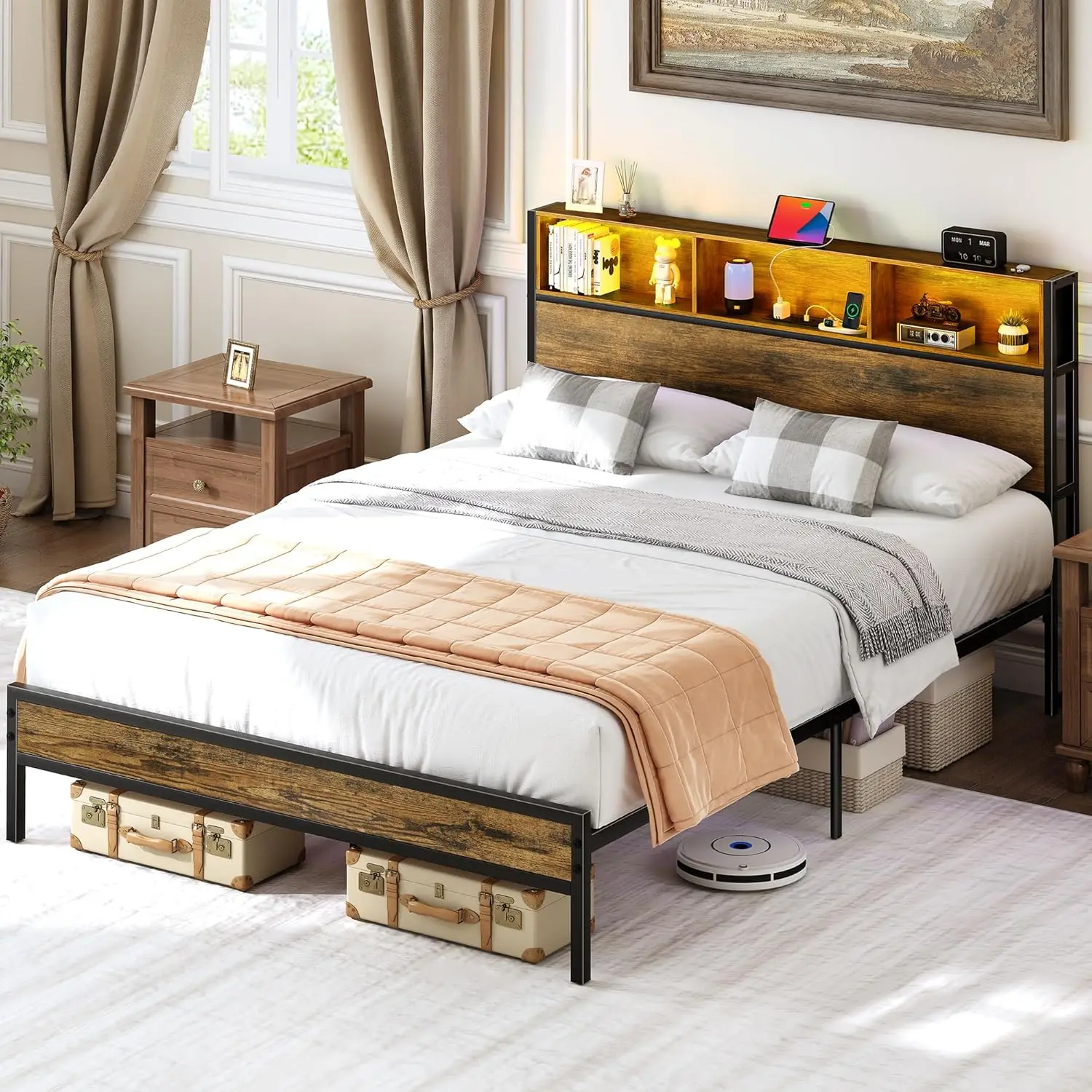 

Yoobure Queen Size Bed Frame with Headboard, Queen Bed Frames with Charging Station and LED Lights, Metal Platform Wood Bed Fram