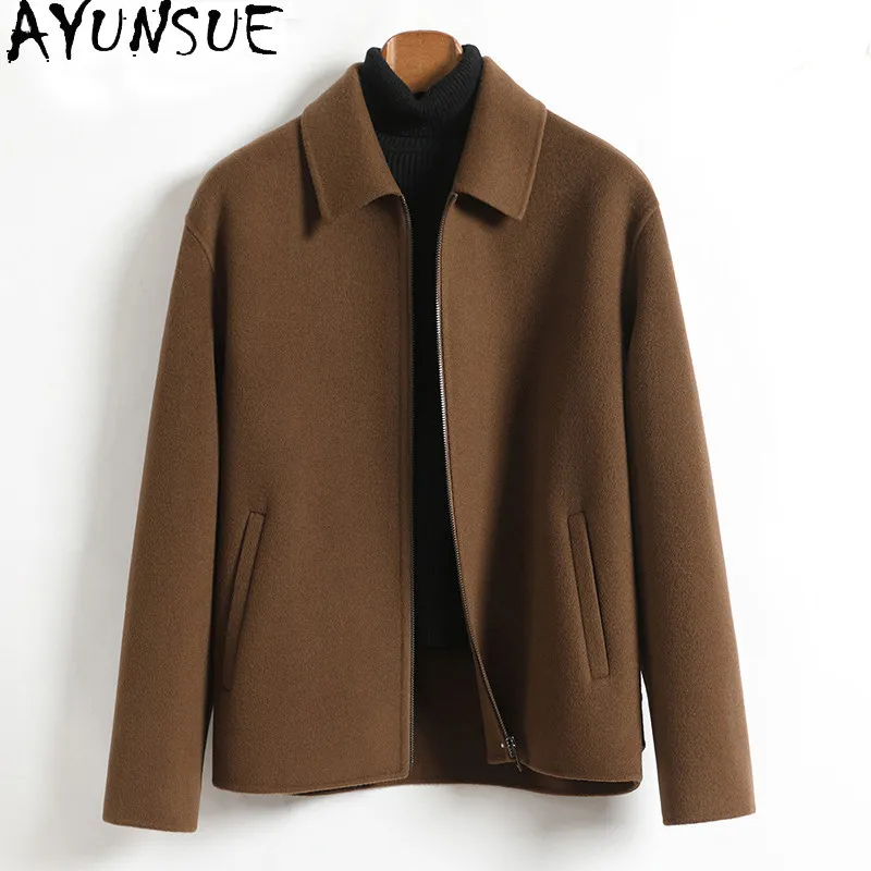 AYUNSUE Casual 100% Wool Coats for Man Autumn Winter Short Double-sided Woolen Jacket Lapel Fashion Wool Coat Zipper Outerwears