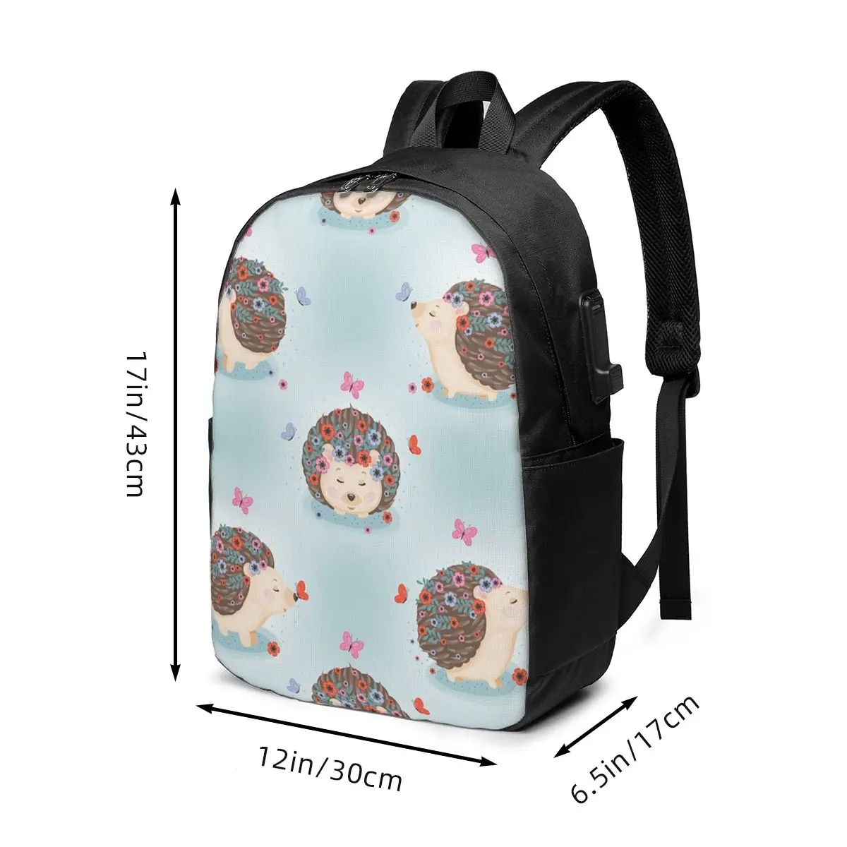 Cute Hedgehog And Floral Pattern Backpack Travel Notebook Bag Computer College Student School Bag Laptop Shoulder Bags Men Women