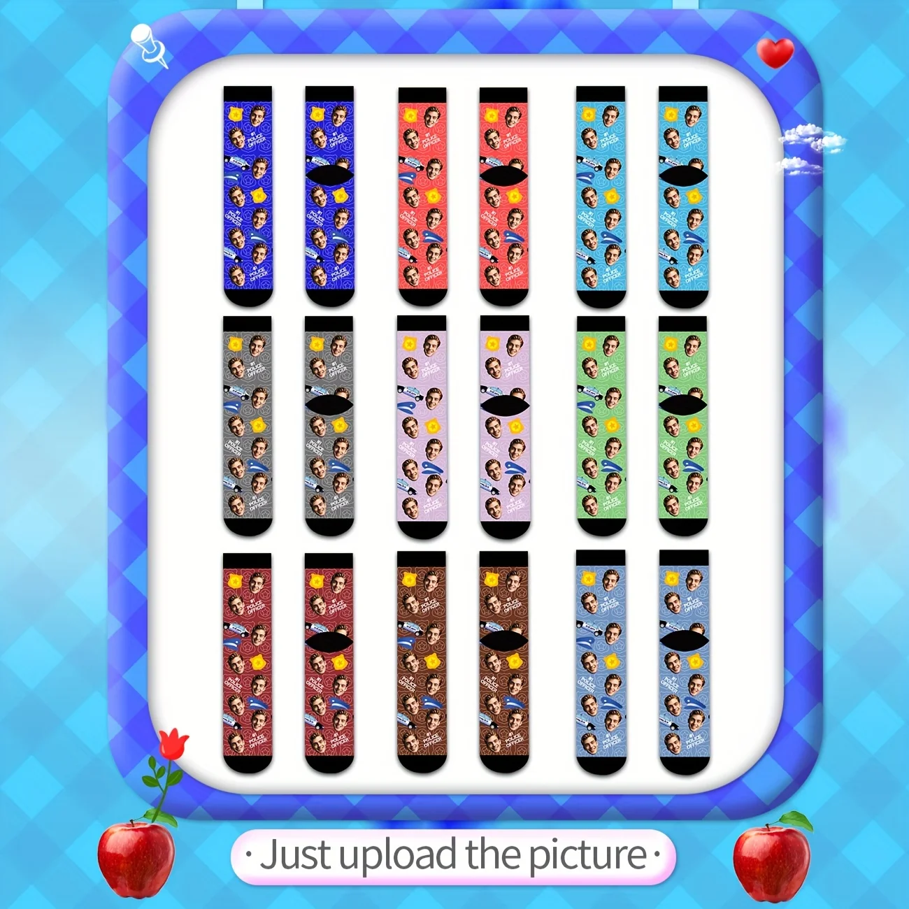 

A set of men's custom mid-calf socks with optional face patterns. These personalized socks feature images, offering a fun and vi