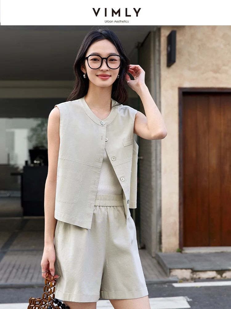 

VIMLY Women Commuter Shorts Set 2025 Summer Simple Sleeveless Blazer Tank Top+Elastic Waist Shorts Casual Elegant Office Outfit