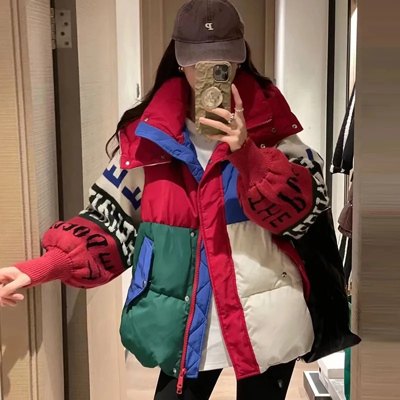 

Women's Short Jacket Winter New Fashion Loose Contrasting Color Hooded Knitted Sleeve Letter Design Cotton Jackets Lady Coat