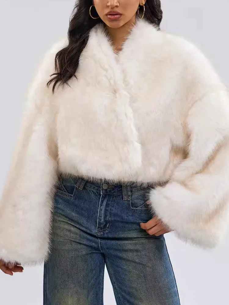 UCXQ Vinatge Faux Fur Coat European Style V-neck Loose All Match Temperament Elegant Warm Jacket Women 2024 Autumn Winter C1908