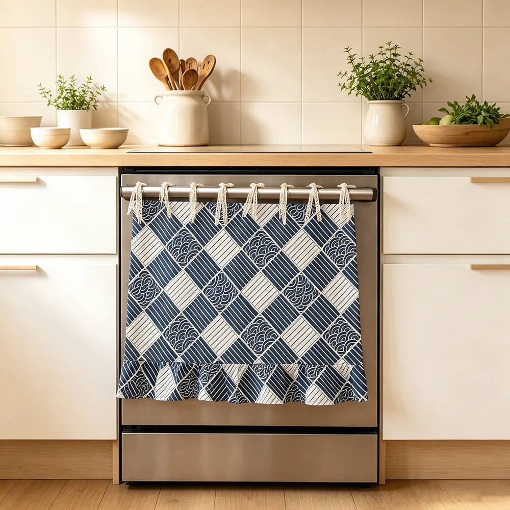 1pc Dishwasher Cover Curtain Navy White Polyester Printed Half Curtain Dustproof Hide Stainless Appliance Home Kitchen Decor