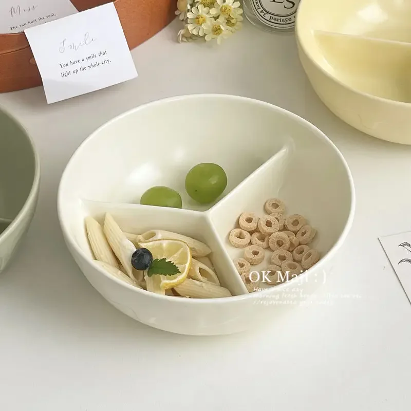 

800ml Cream Style Deep Three Grid Bowl, Cafeteria Bowl, Ceramic Microwave Bowl, Household Partitioned Tableware