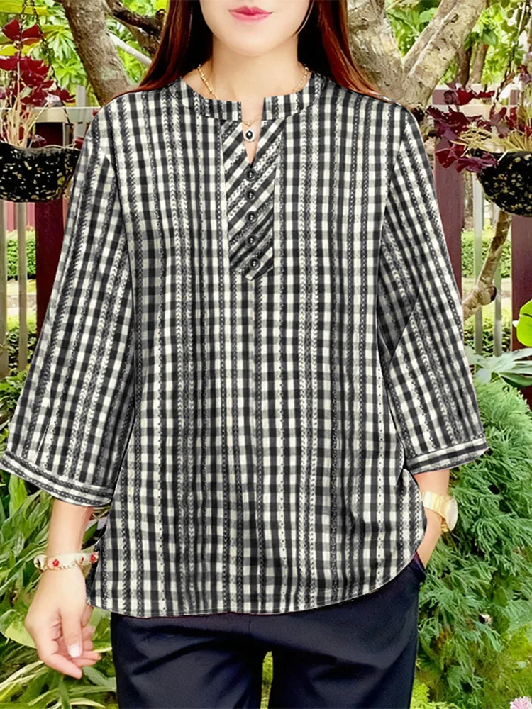 

Осень 202, женские топы, клетчатая блузка ZANZEA, повседневная клетчатая рубашка с v-образным вырезом и рукавами 3/4, Mujer, женская сорочка, свободная рабочая туника Blusas