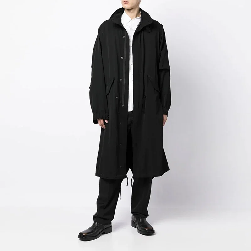 

YOJI OOAK куртка средней длины с капюшоном и шнурком, черное повседневное пальто оригинального дизайна для мужчин, ниша