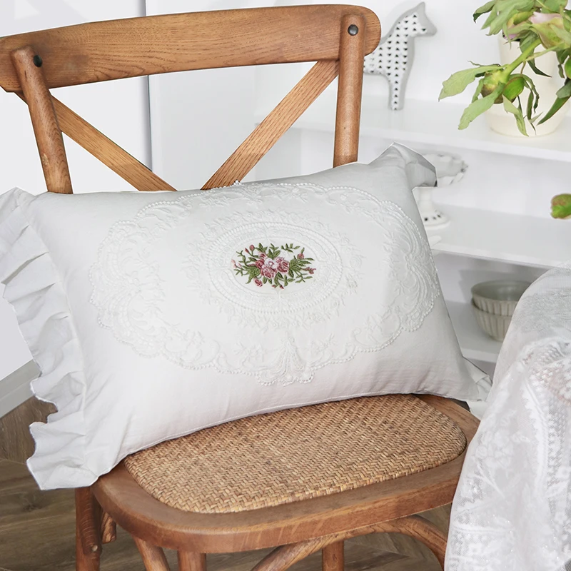 French Lace Throw Pillowcase Embroidered Cushion Cover Princess Ruffled Lace Cotton Pillow Cover Backrest Lumbar Pillow Case