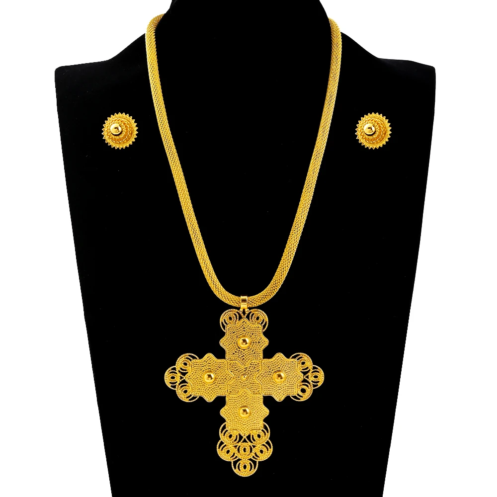 Big Cross Pendant and 2cm Earrings Women Choker Ethiopian Jewelry Sets Eritrean African Habesha