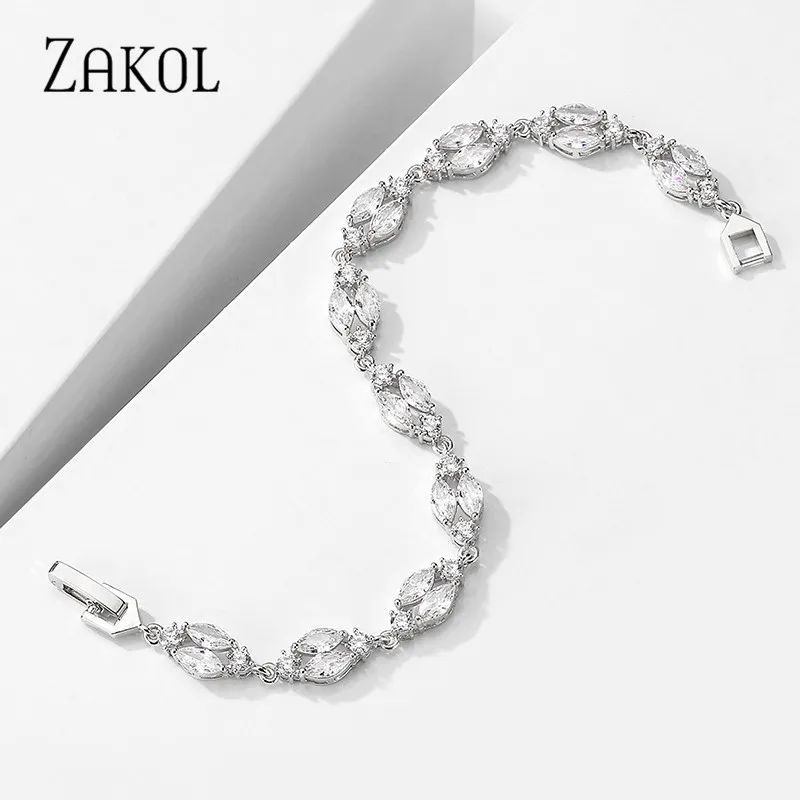 ZAKOL Trendy White Color Leaf Charm Cubic Zirconia Bracelet & Bangles Clear CZ Crystal Bride Jewelry for Women BP2183