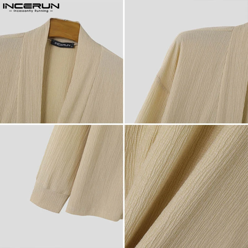 INCERUN Tops 2024 Handsome New Men's Texture Deep V-neck Shirts Casual Simple Male All-match Long Sleeved Cardigan Blouse S-5XL