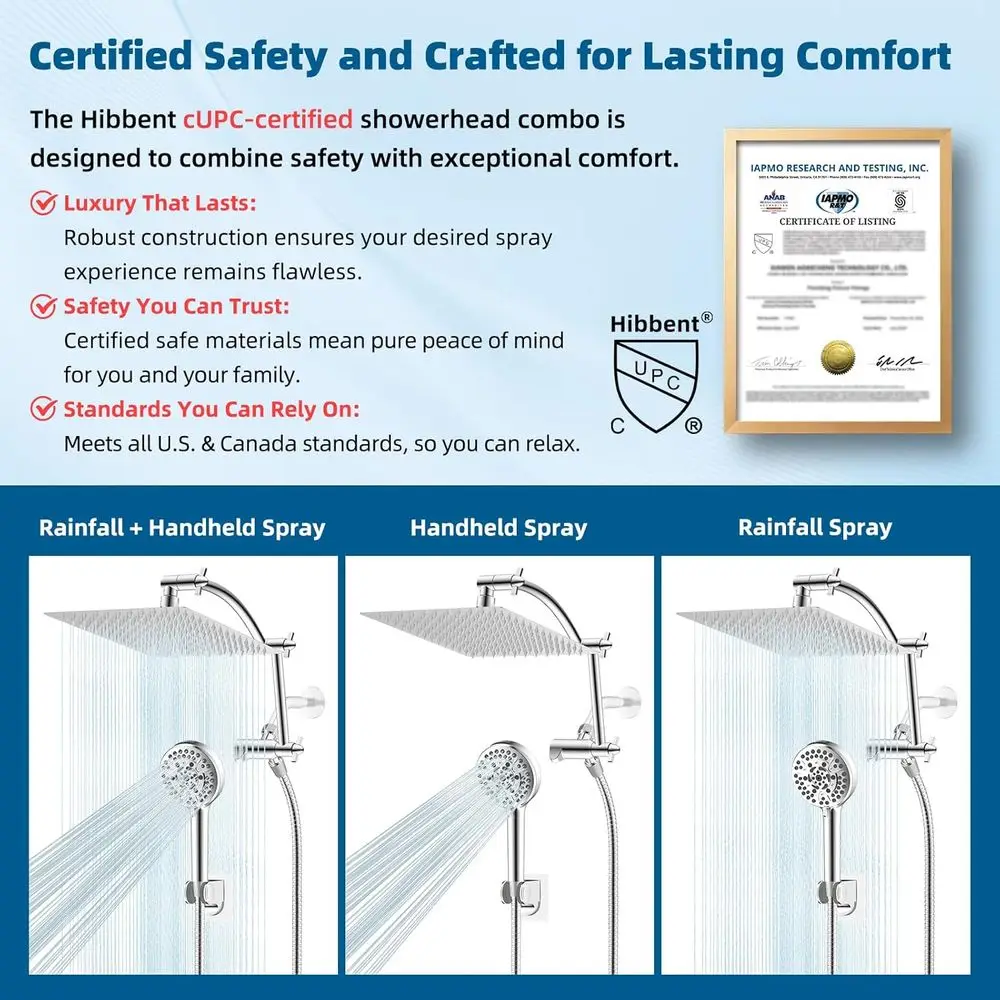 Chuveiro de Alta Pressão de 12 Polegadas com Cabeça de Chuveiro de Chuva, Braço Extensor de 16 Polegadas, 10 Configurações de Jato, Mangueira de 71 Polegadas, Cromado